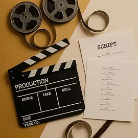 Flat lay of film reels, clapboard, and script pages on neutral background”