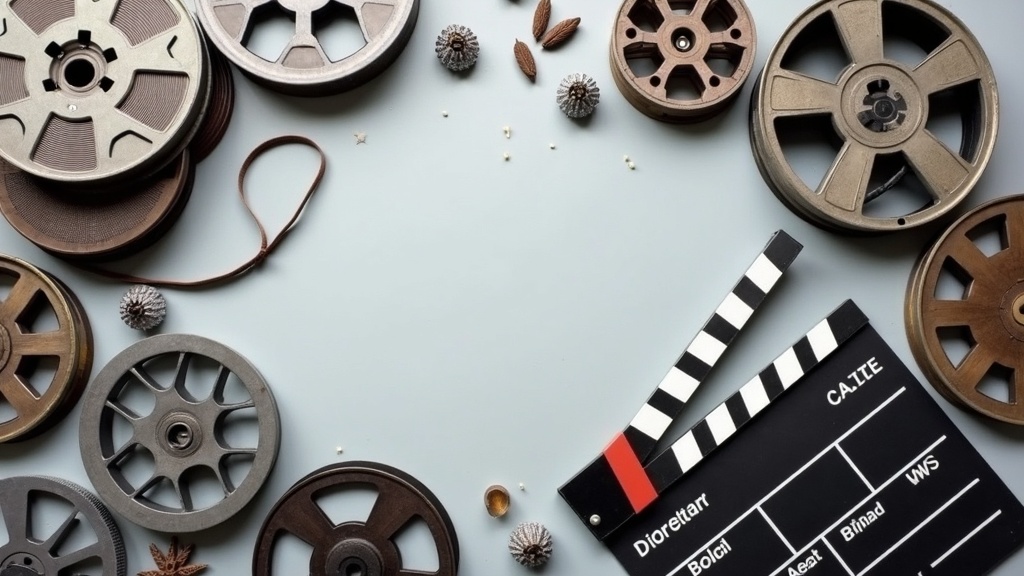 A collection of cinema items including film reels and director's clapboard on a neutral background.