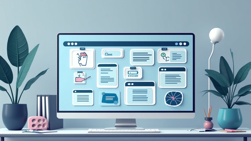 A digital dashboard filled with casting calls, video reels, and film production icons on a clean workspace background.