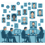 “Futuristic digital casting workspace with people reviewing actor profiles on large screens, surrounded by floating networked profile cards and glowing connection lines.