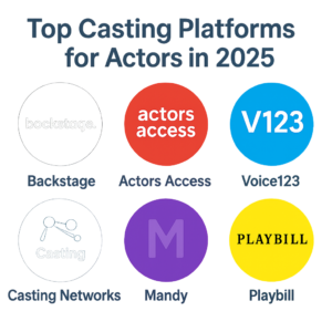 “Symbolic circular icons representing top casting platforms for actors in 2025, including Backstage (black), Actors Access (red), Voice123 (blue), Casting Networks (dark blue), Mandy (purple), and Playbill (yellow), arranged in two rows beneath a bold title on a soft gradient background.”