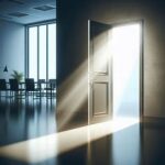 Open doorway with a spotlight shining through, symbolizing opportunity and career growth.