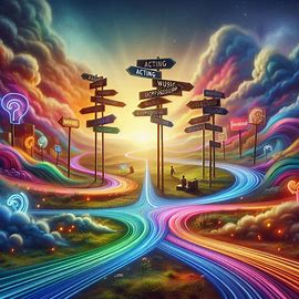 A minimalist illustration of a child A minimalist illustration of a child standing at a crossroads with multiple paths branching out, symbolizing career changes after childhood fame.