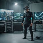 Professional motion capture suit, facial capture camera rig, and digital monitors displaying virtual environments for actors in virtual productions.