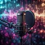 Studio microphone with a colorful, vibrant background representing voice recording.