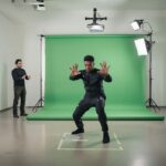Actor rehearsing physical movements and imagination drills in a minimal studio space to prepare for motion capture and green screen acting.