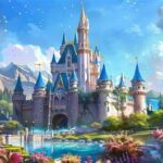 Colorful illustration of whimsical Disney‑style castles and animated fantasy landscapes.