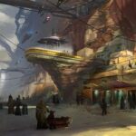 Concept art showing futuristic movie worlds representing Disney, Pixar, Marvel, and Star Wars.