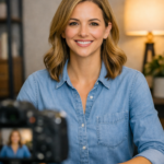 Person sitting upright with relaxed shoulders and open body language in front of a camera.